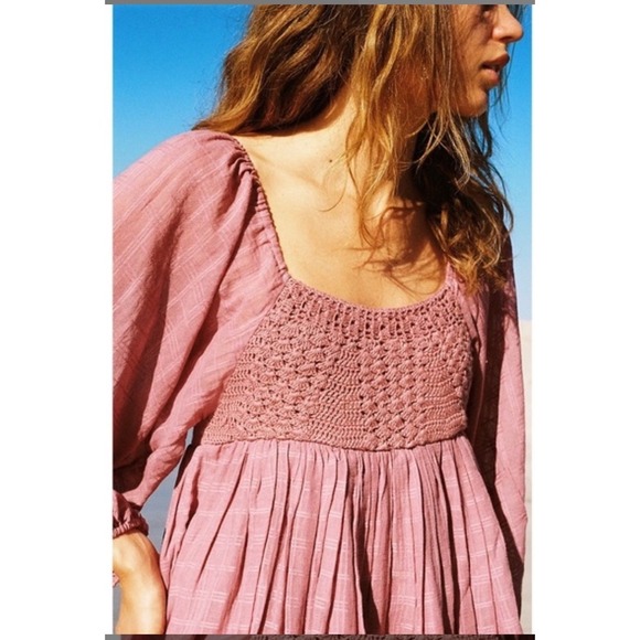 Free People Dresses & Skirts - Free People Ari Mini Dress Pink Gauze Crochet Babydoll M Boho Cottage‎ Romantic